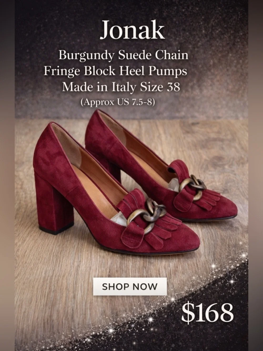 Jonak Burgundy Suede Chain Fringe Block Heel Pumps Made in Italy Size 38